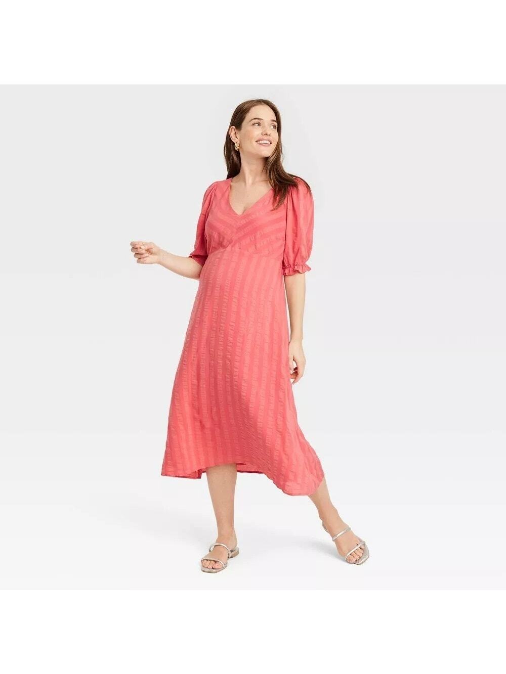 NWT The Nines by HATCH Women's Elbow Sleeve Tonal Stripe Midi Dress Red Size S